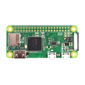 Raspberry Pi Zero W single board computer, top view showing the unpopulated 40-pin header, microSD slot, mini HDMI and micro USB ports