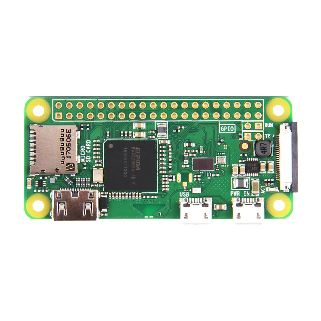 Raspberry Pi Zero W single board computer, top view showing the unpopulated 40-pin header, microSD slot, mini HDMI and micro USB ports