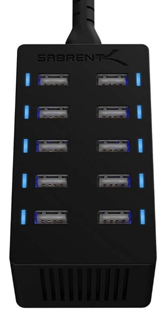 Sabrent 60 watt 10-port USB rapid charger, black desktop unit with ten USB-A ports