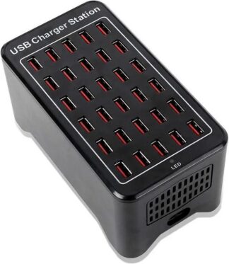 30-port 150 watt USB charging station, black desktop unit with thirty USB-A ports on the top face
